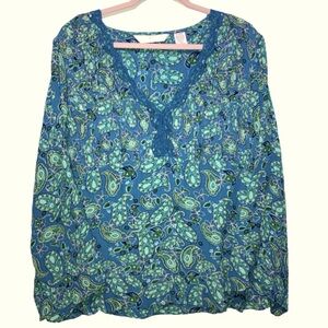 Vintage ALC XL Flowy Sleeve Embellished Chest Blouse Blue Paisley 13035